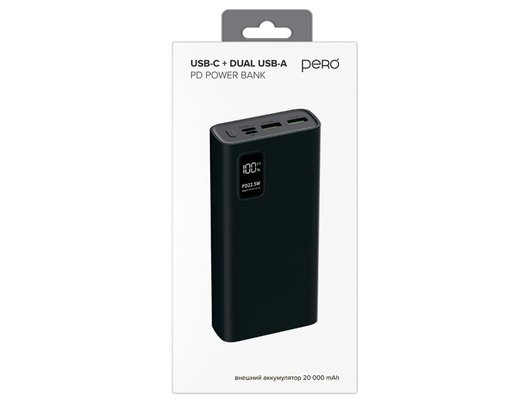 Внешний аккумулятор PERO PB06 20000 mAh, Li-Pol, output USB-C + 2 USB-A, черный